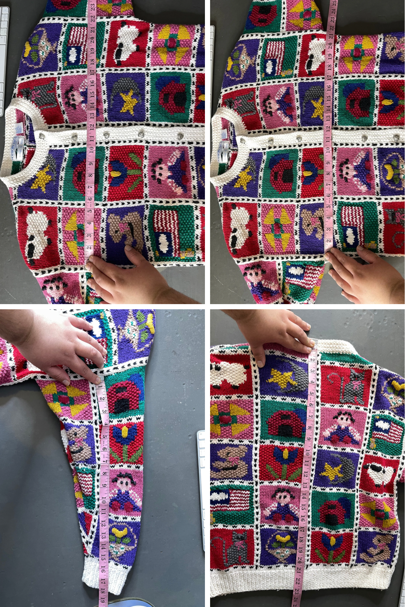 Vintage 90s Chunky Hand Knit Cottage Home Patchwork Cardigan Sz S