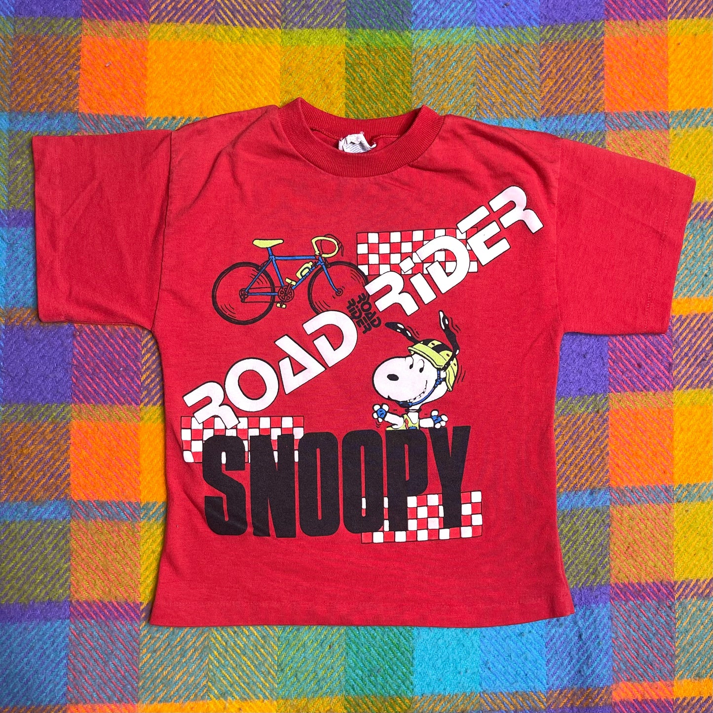 Vintage Red Road Ride Snoopy Bicycle Kids Tee Sz 7