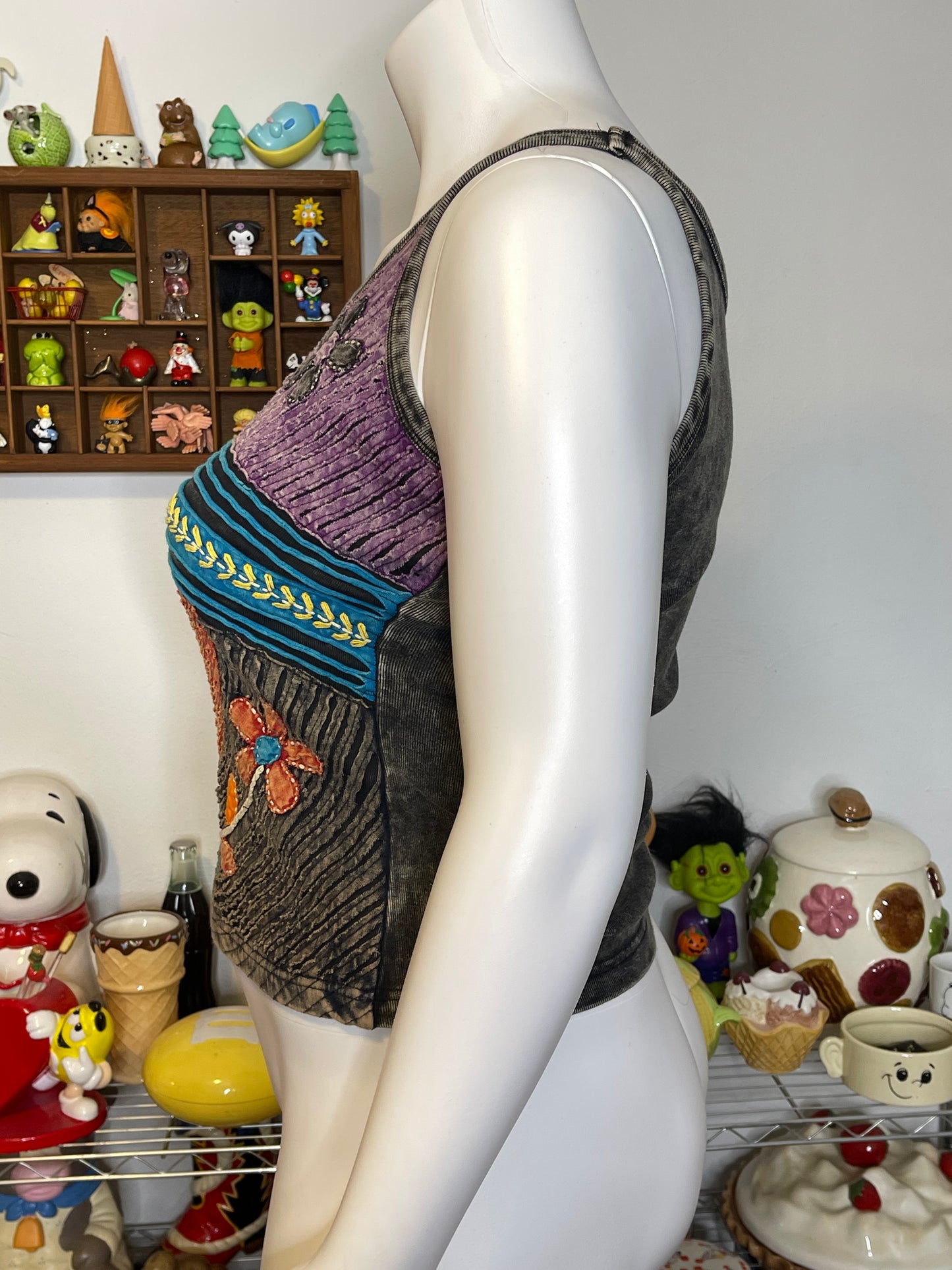 Tie-dye Flower Distressed Patchwork Style Tank Top Sz L