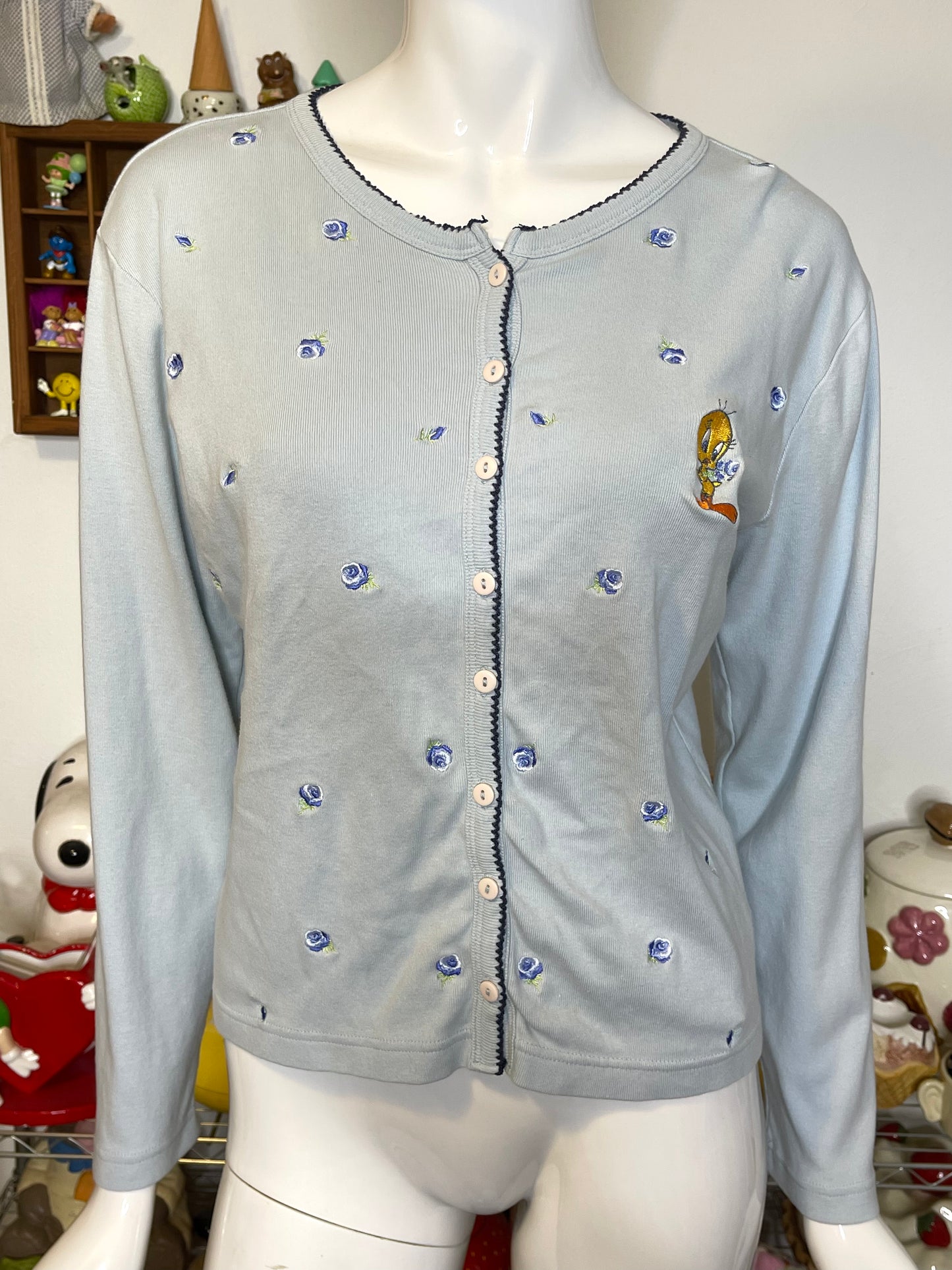 Vintage Tweety Flower Embroidered Baby Blue Cardigan Sz S/M