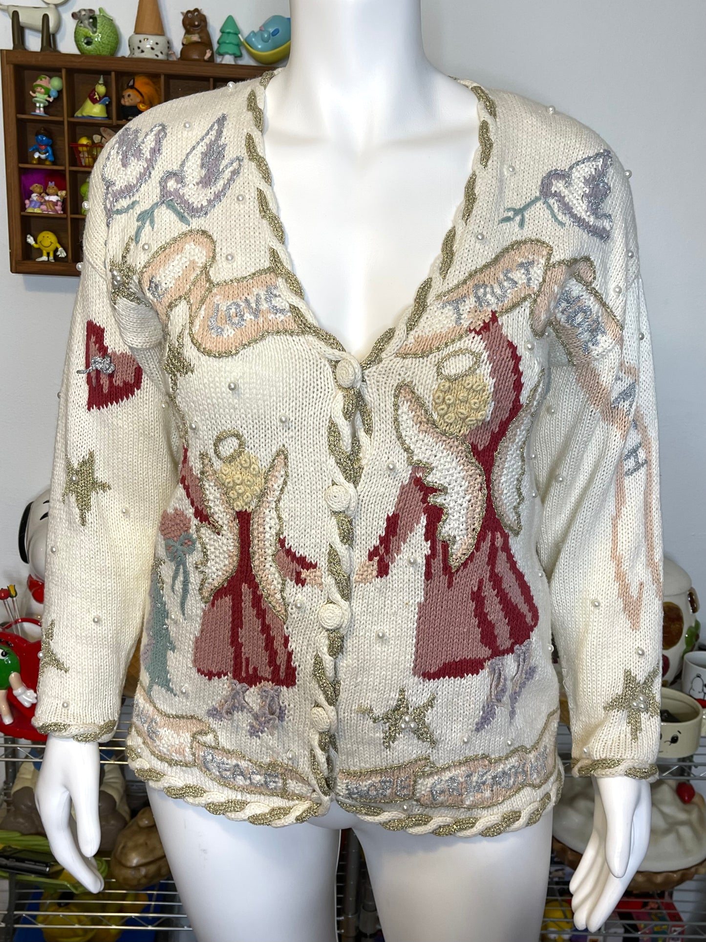Vintage 90s Holiday Angels Love Bows Oversized Knit Cardigan Sz L