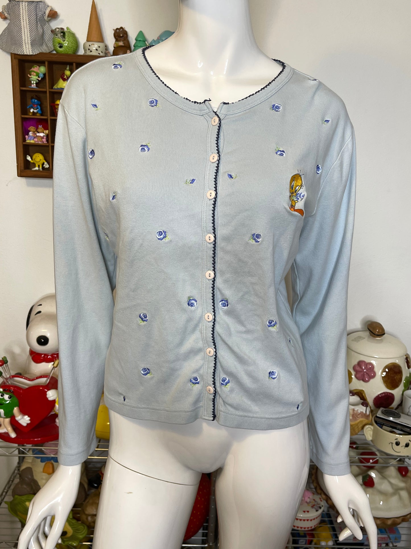 Vintage Tweety Flower Embroidered Baby Blue Cardigan Sz S/M
