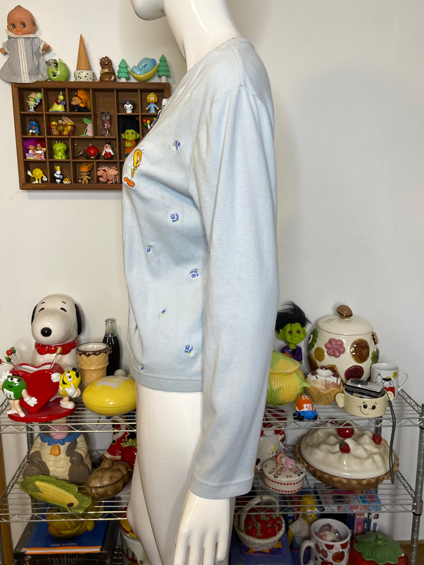Vintage Tweety Flower Embroidered Baby Blue Cardigan Sz S/M