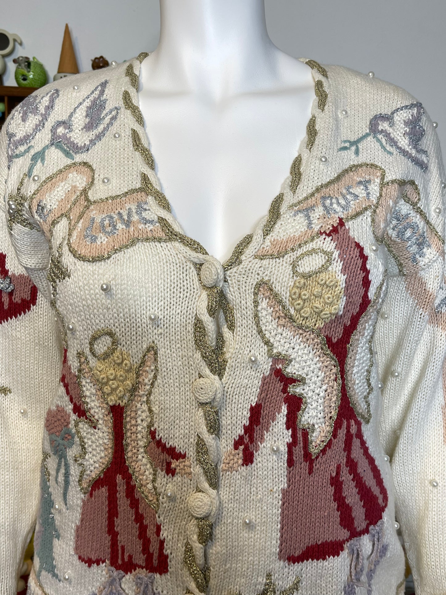 Vintage 90s Holiday Angels Love Bows Oversized Knit Cardigan Sz L