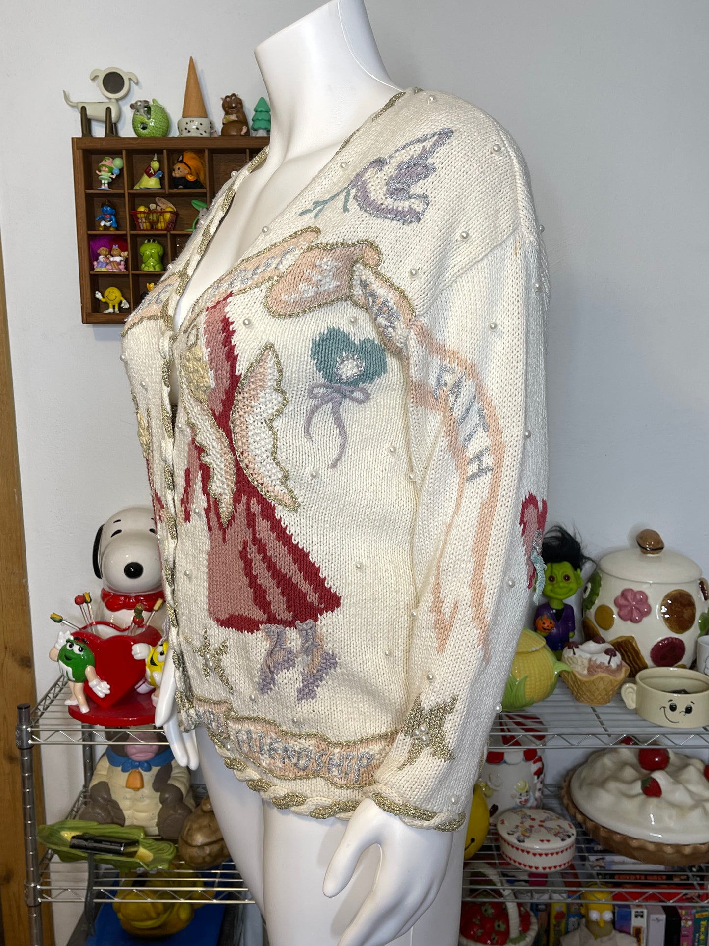 Vintage 90s Holiday Angels Love Bows Oversized Knit Cardigan Sz L