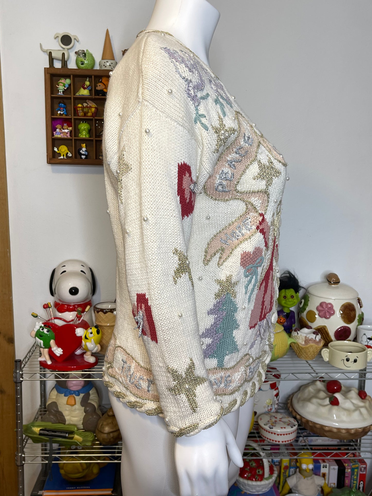 Vintage 90s Holiday Angels Love Bows Oversized Knit Cardigan Sz L