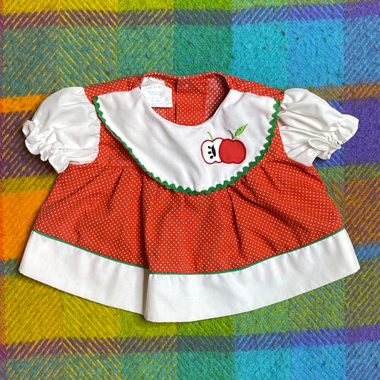 Vintage Red Polka Dot Apple Baby Dress + Bloomers 2pc Set Sz 0-6M