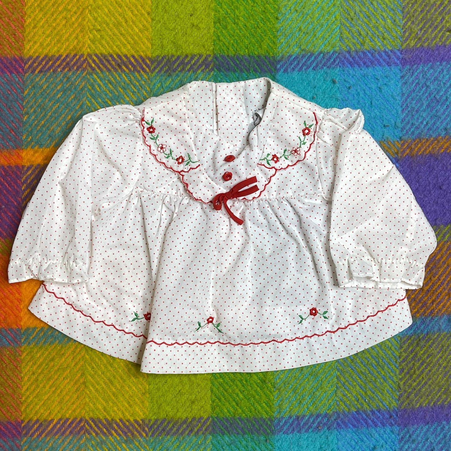 Vintage White & Red Polka Dot Flower Baby Dress / Top Sz 0-3M