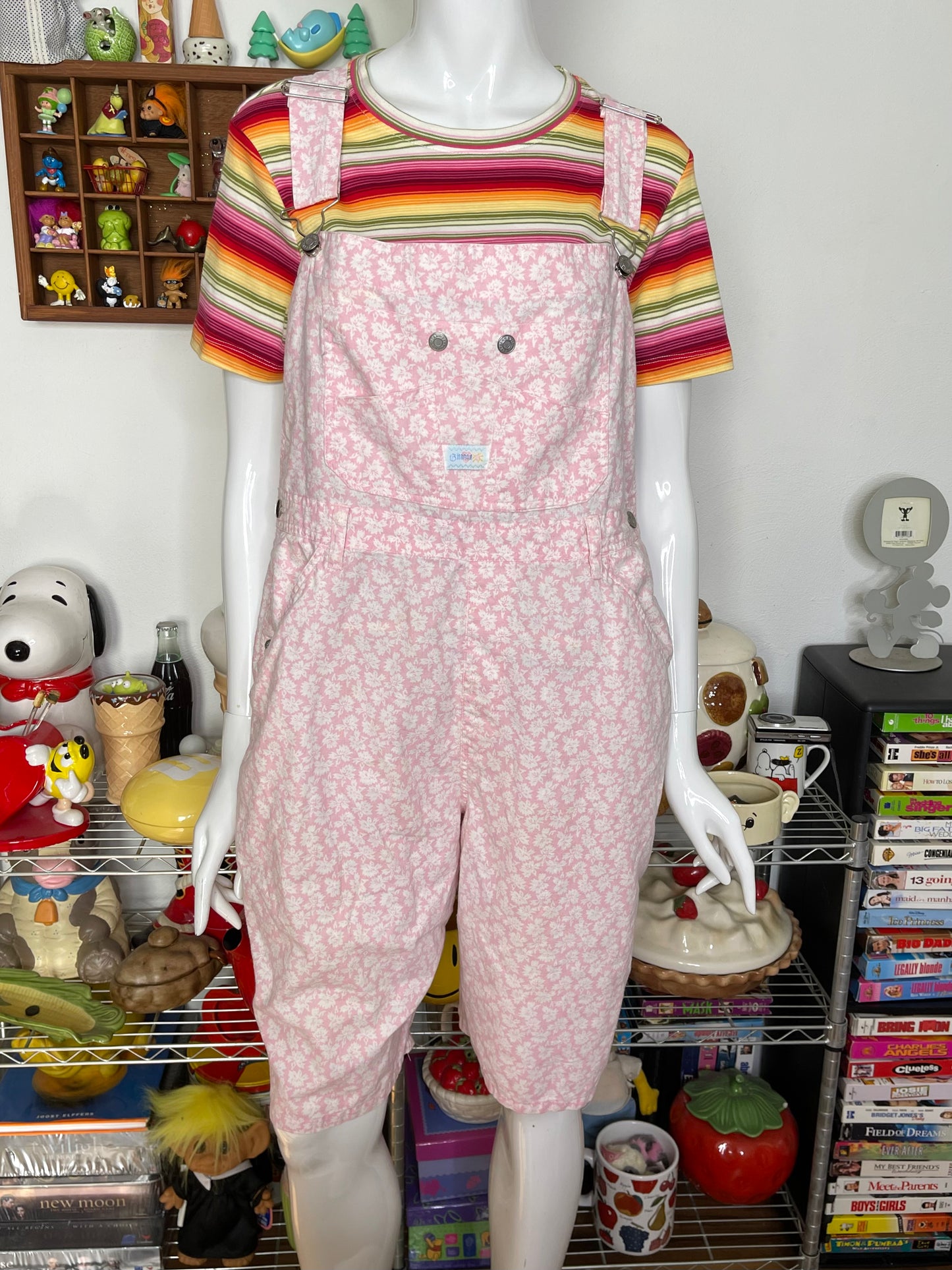 Vintage Baby Pink Flower Print Overalls Sz L