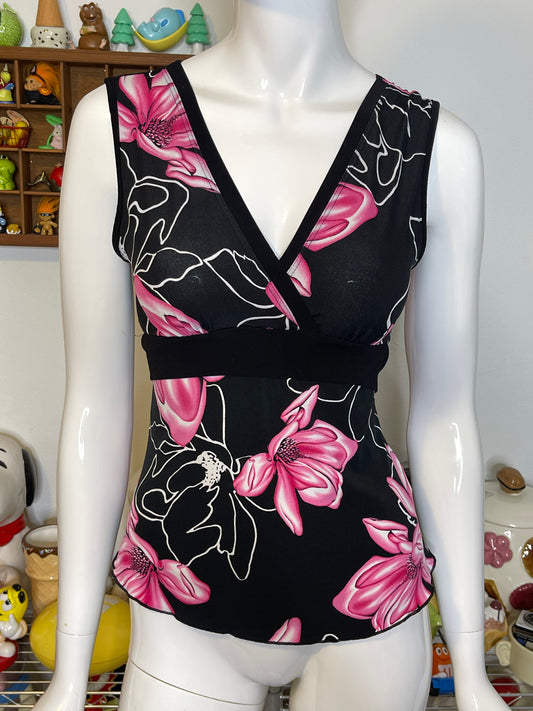 Y2K 2000s Pink Flower Print Top Sz M