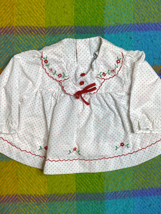 Vintage White & Red Polka Dot Flower Baby Dress / Top Sz 0-3M
