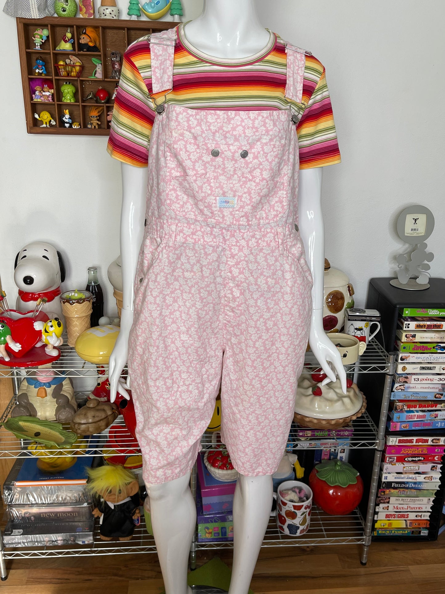 Vintage Baby Pink Flower Print Overalls Sz L
