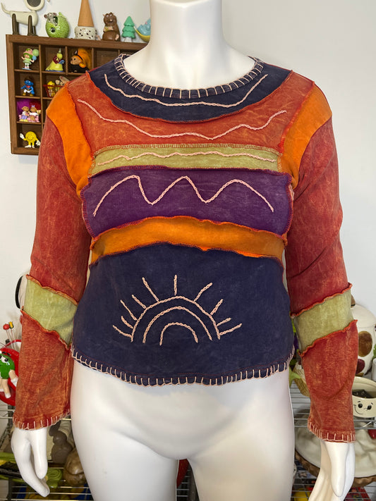 Colorful Patchwork Embroidered Long Sleeve Sz L/XL