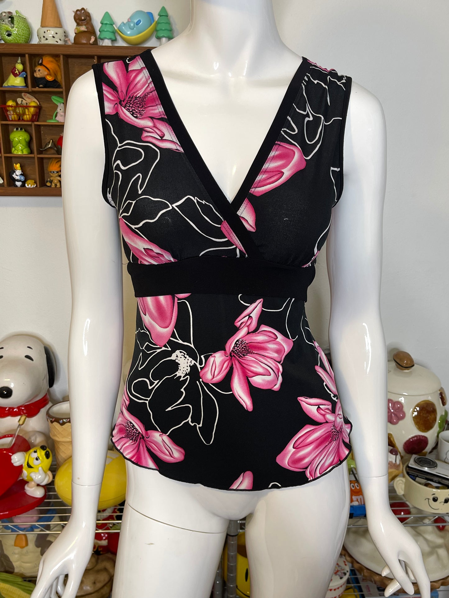 Y2K 2000s Pink Flower Print Top Sz M