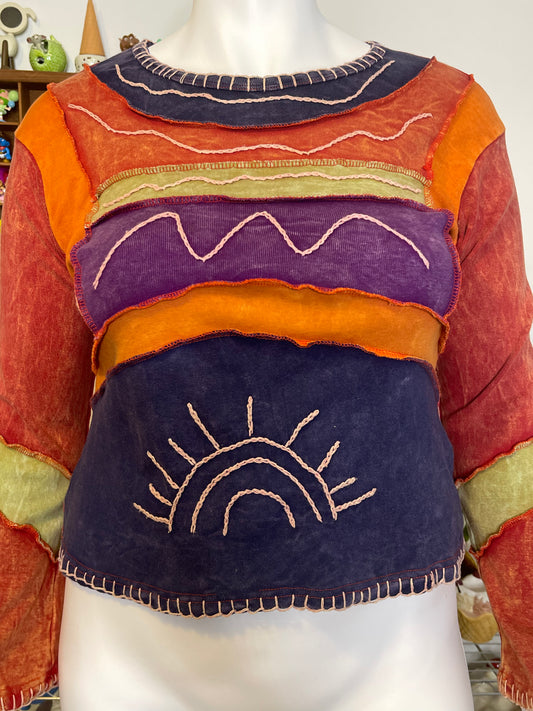 Colorful Patchwork Embroidered Long Sleeve Sz L/XL