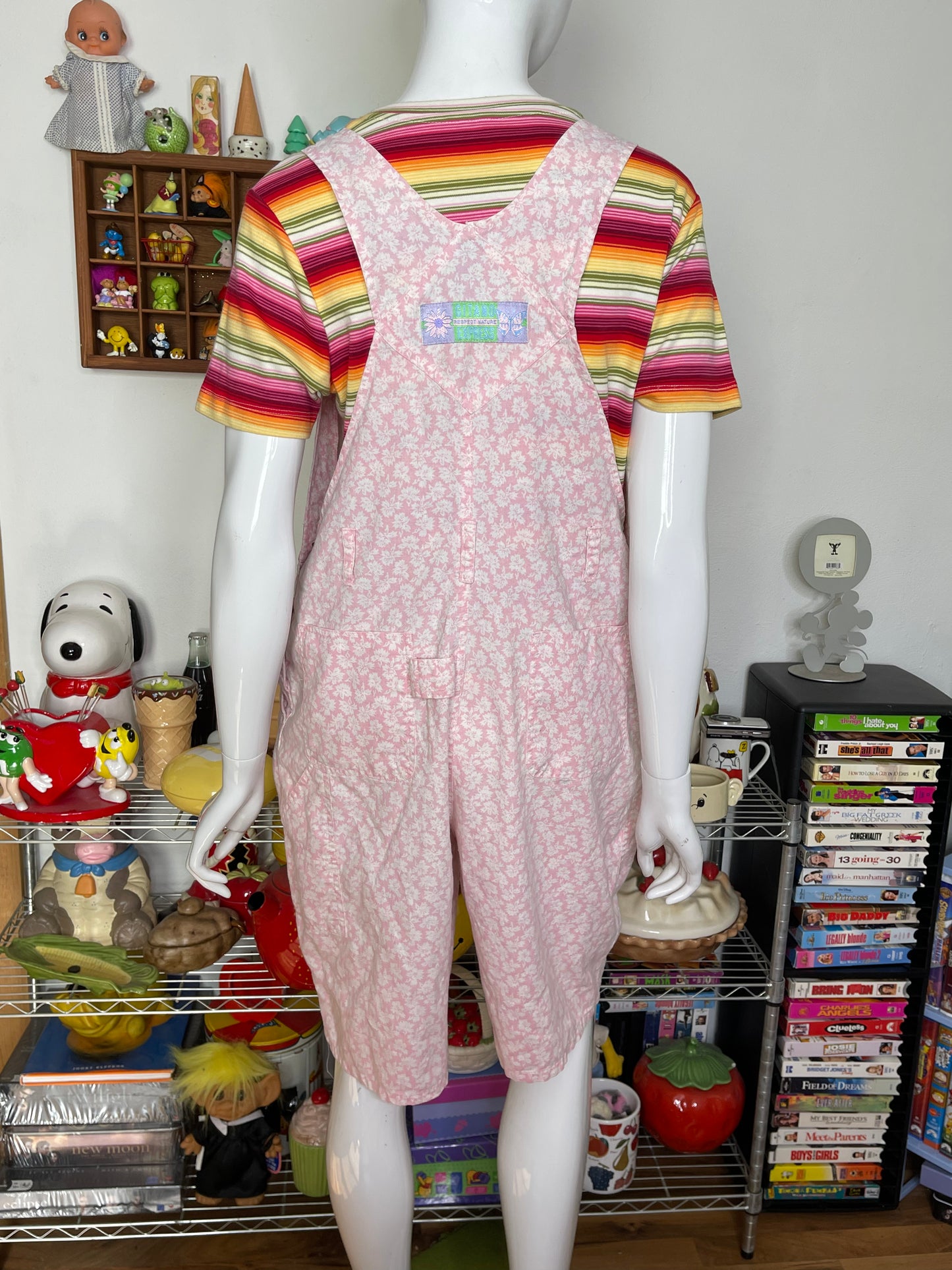 Vintage Baby Pink Flower Print Overalls Sz L