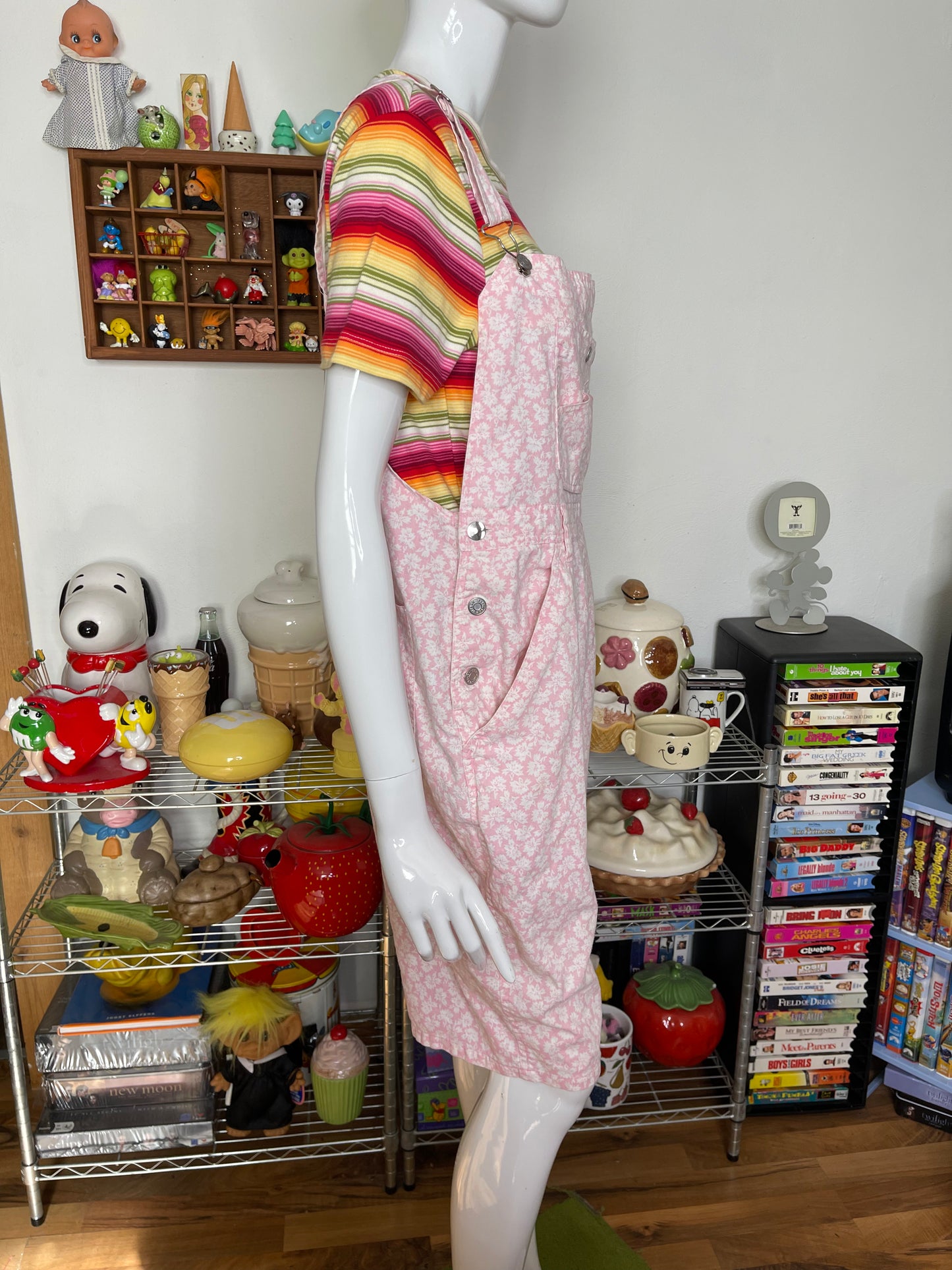 Vintage Baby Pink Flower Print Overalls Sz L