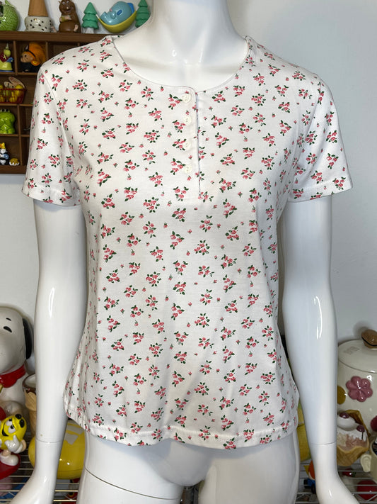 Vintage 90s White & Pink Flower Print Top Sz S