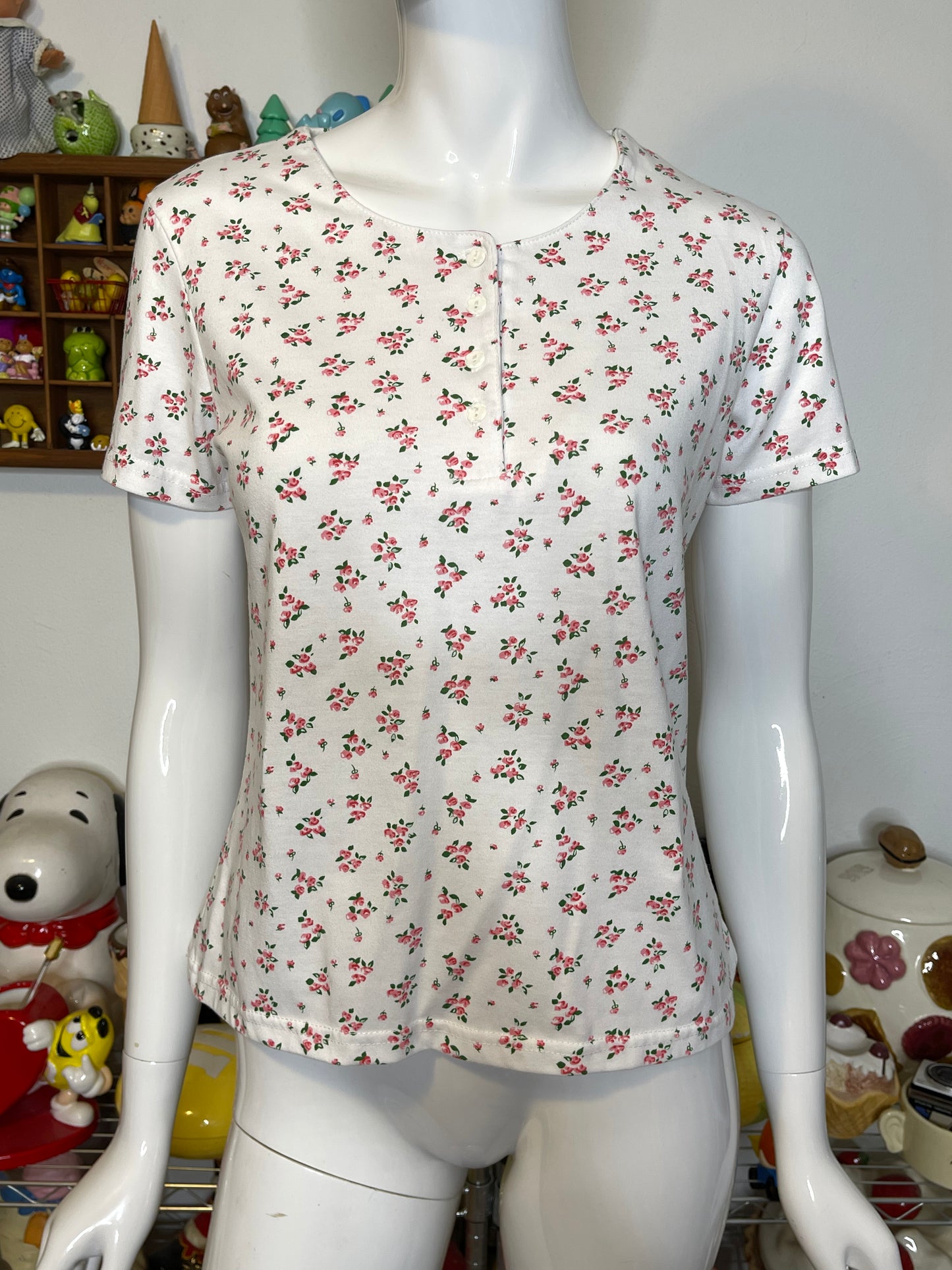 Vintage 90s White & Pink Flower Print Top Sz S