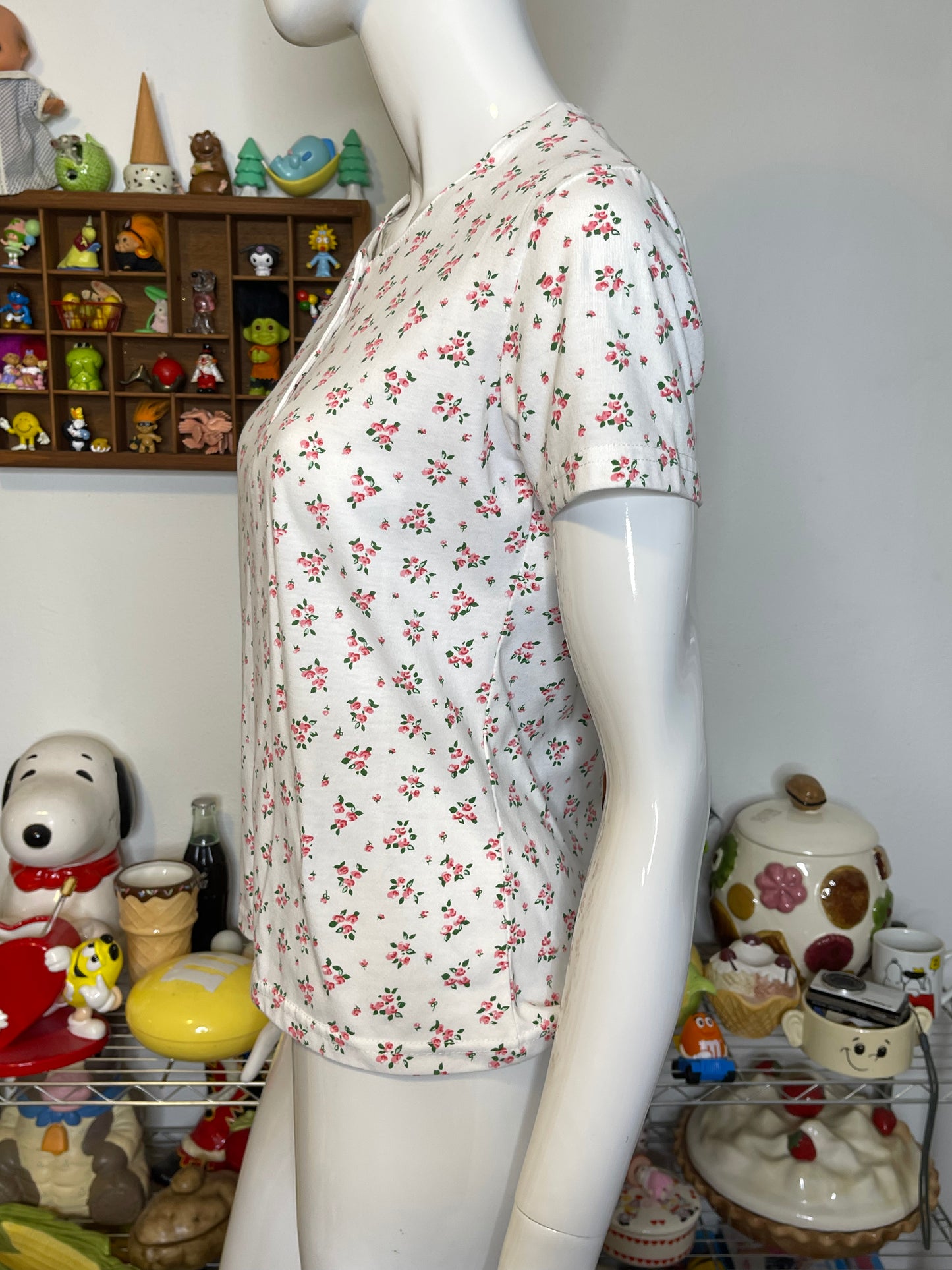 Vintage 90s White & Pink Flower Print Top Sz S