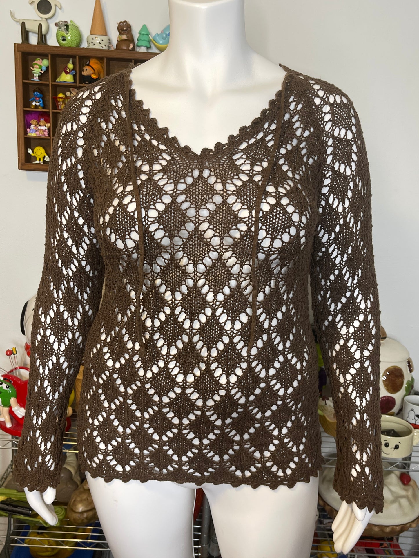 2000s Chocolate Brown Crochet Layering Top Sz L/XL