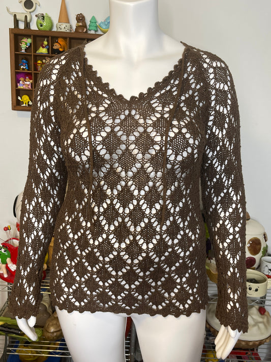2000s Chocolate Brown Crochet Layering Top Sz L/XL