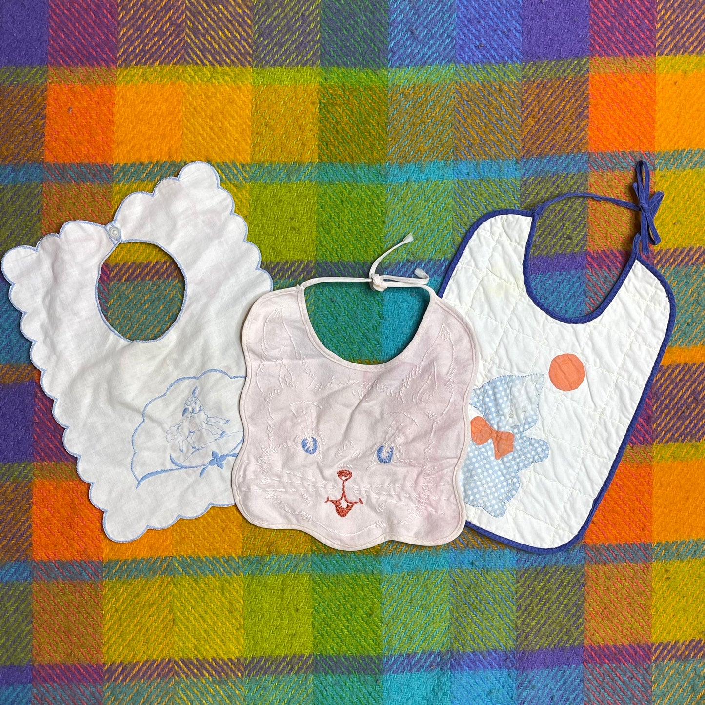 Vintage 3pc Flawed Baby Patchwork & Embroidered Bibs