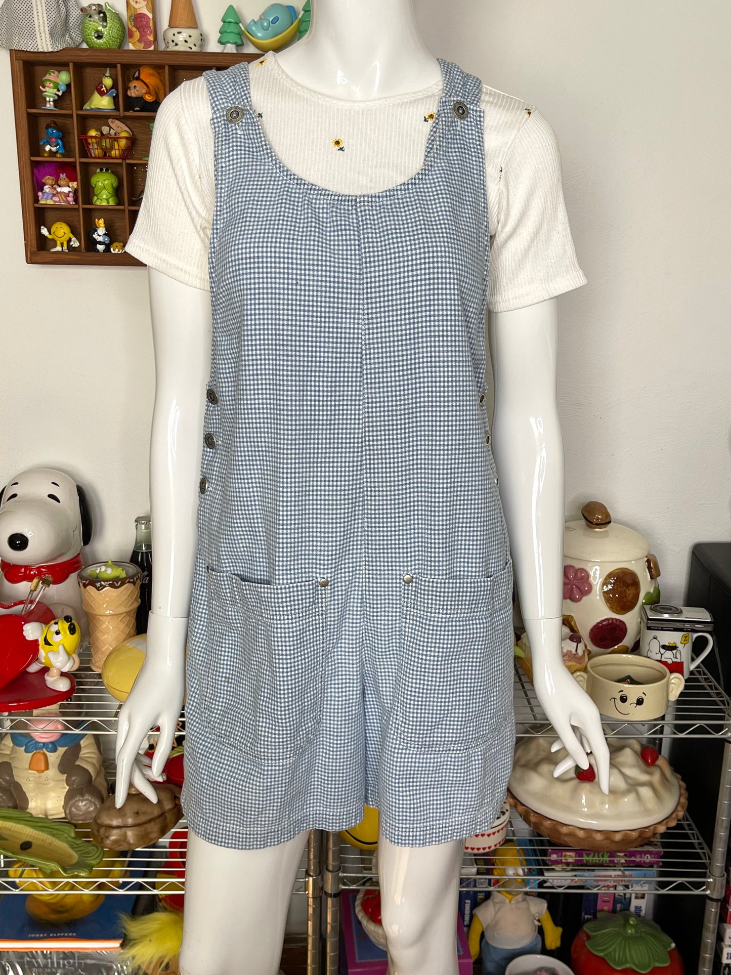 Vintage Light Blue Gingham Oversized Romper Overalls Sz S/M