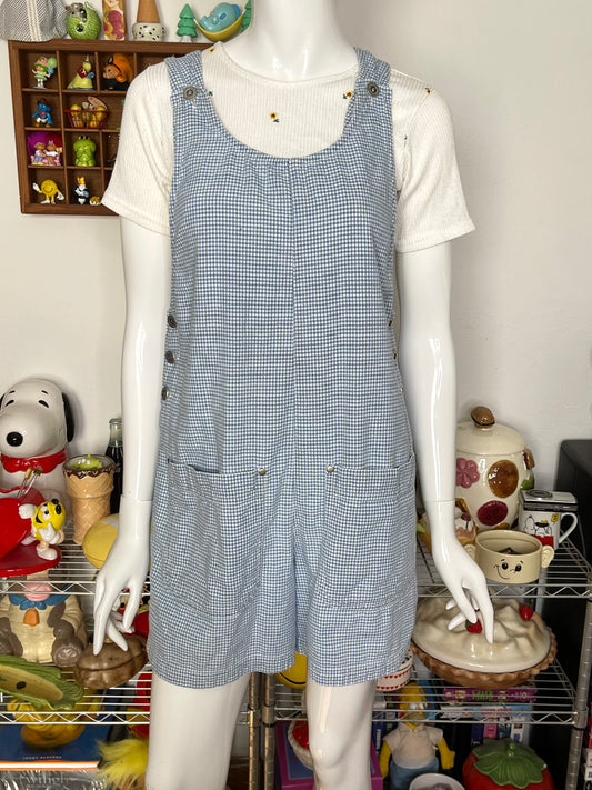 Vintage Light Blue Gingham Oversized Romper Overalls Sz S/M