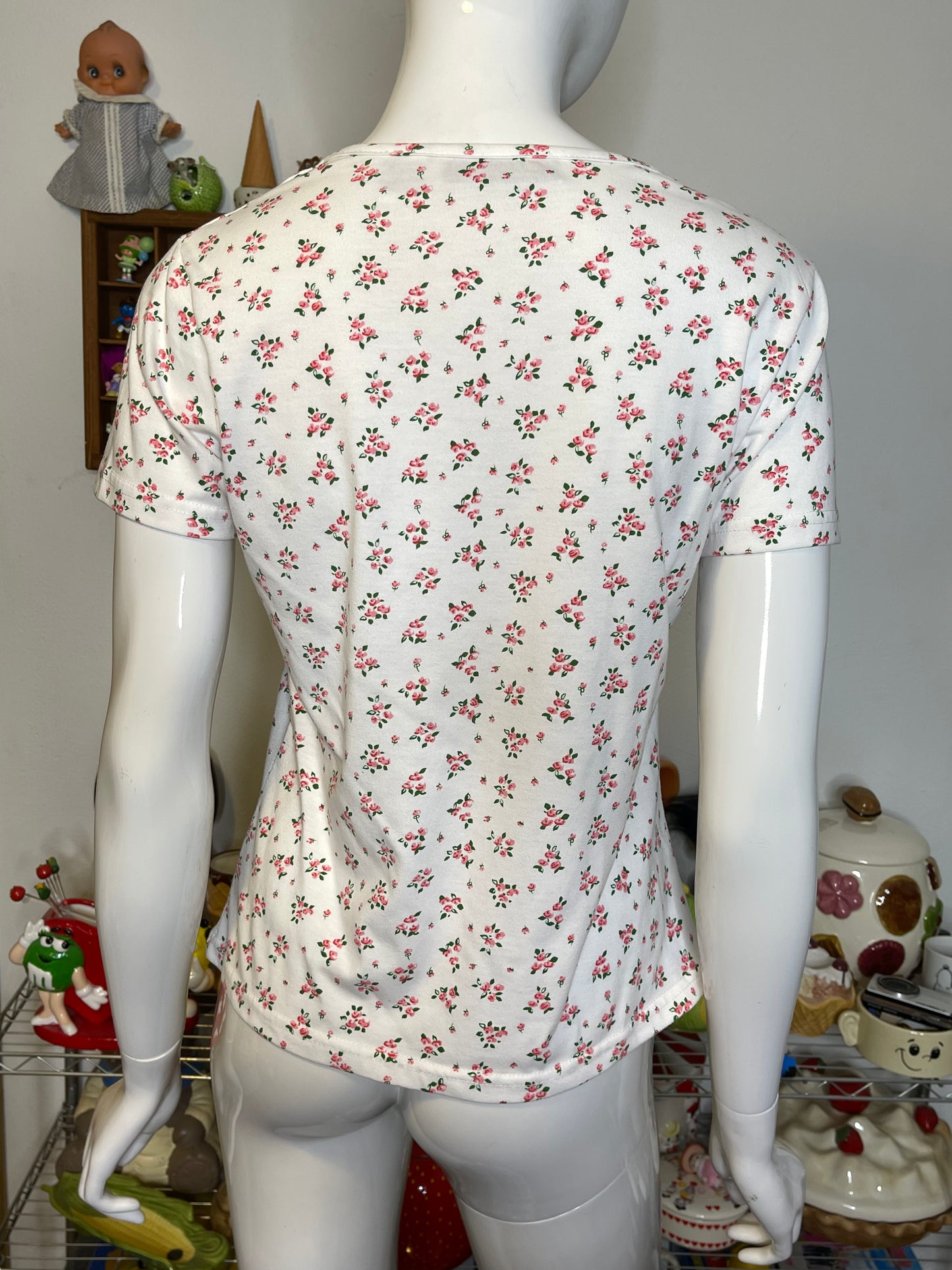 Vintage 90s White & Pink Flower Print Top Sz S