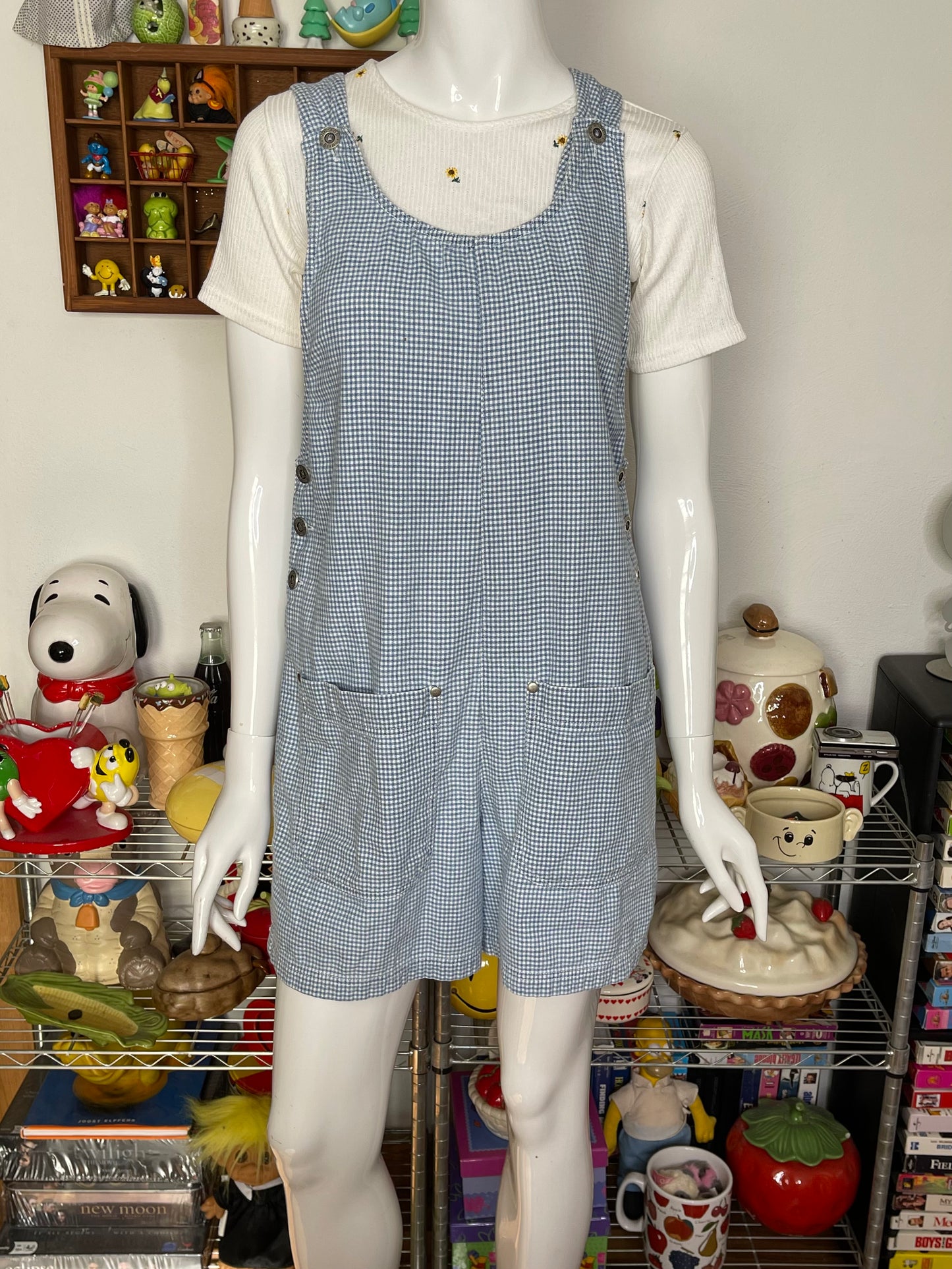 Vintage Light Blue Gingham Oversized Romper Overalls Sz S/M