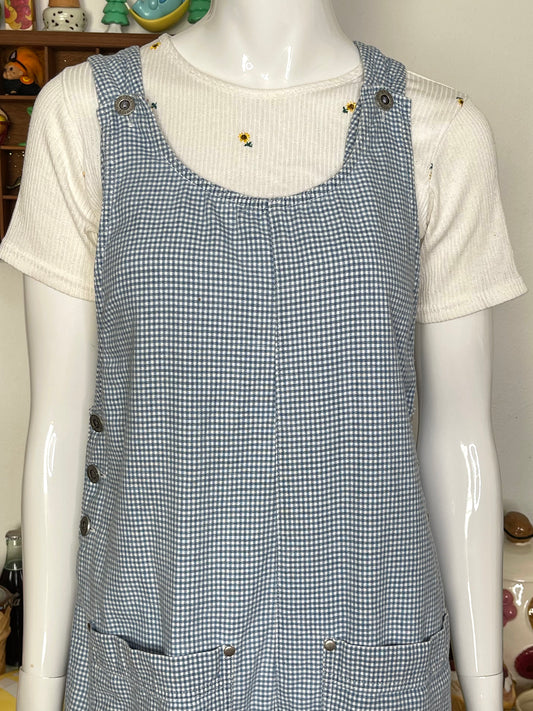 Vintage Light Blue Gingham Oversized Romper Overalls Sz S/M