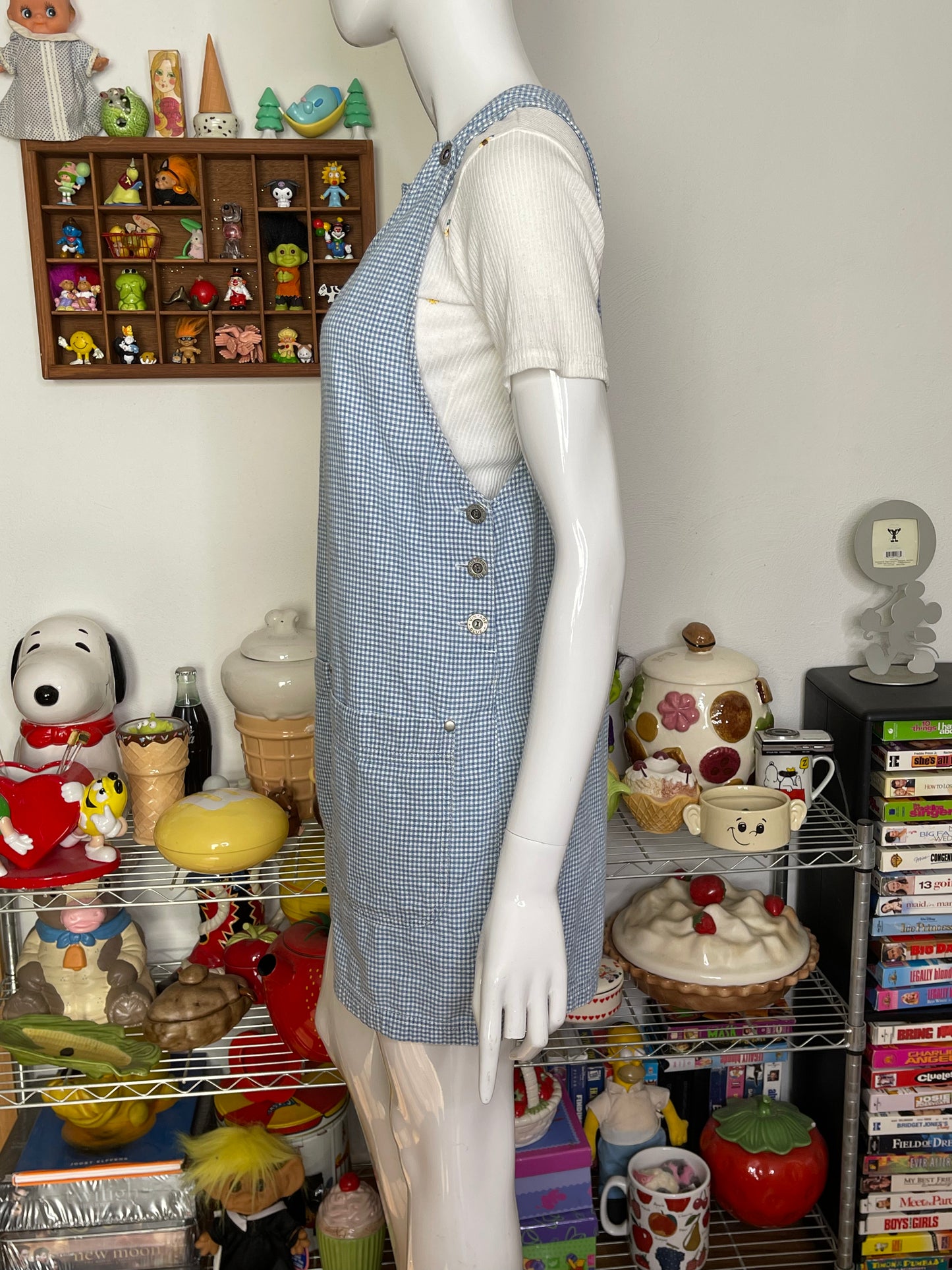 Vintage Light Blue Gingham Oversized Romper Overalls Sz S/M