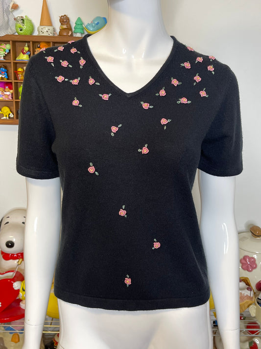 Vintage Pink Rose Bud Fine Knit Top Sz S