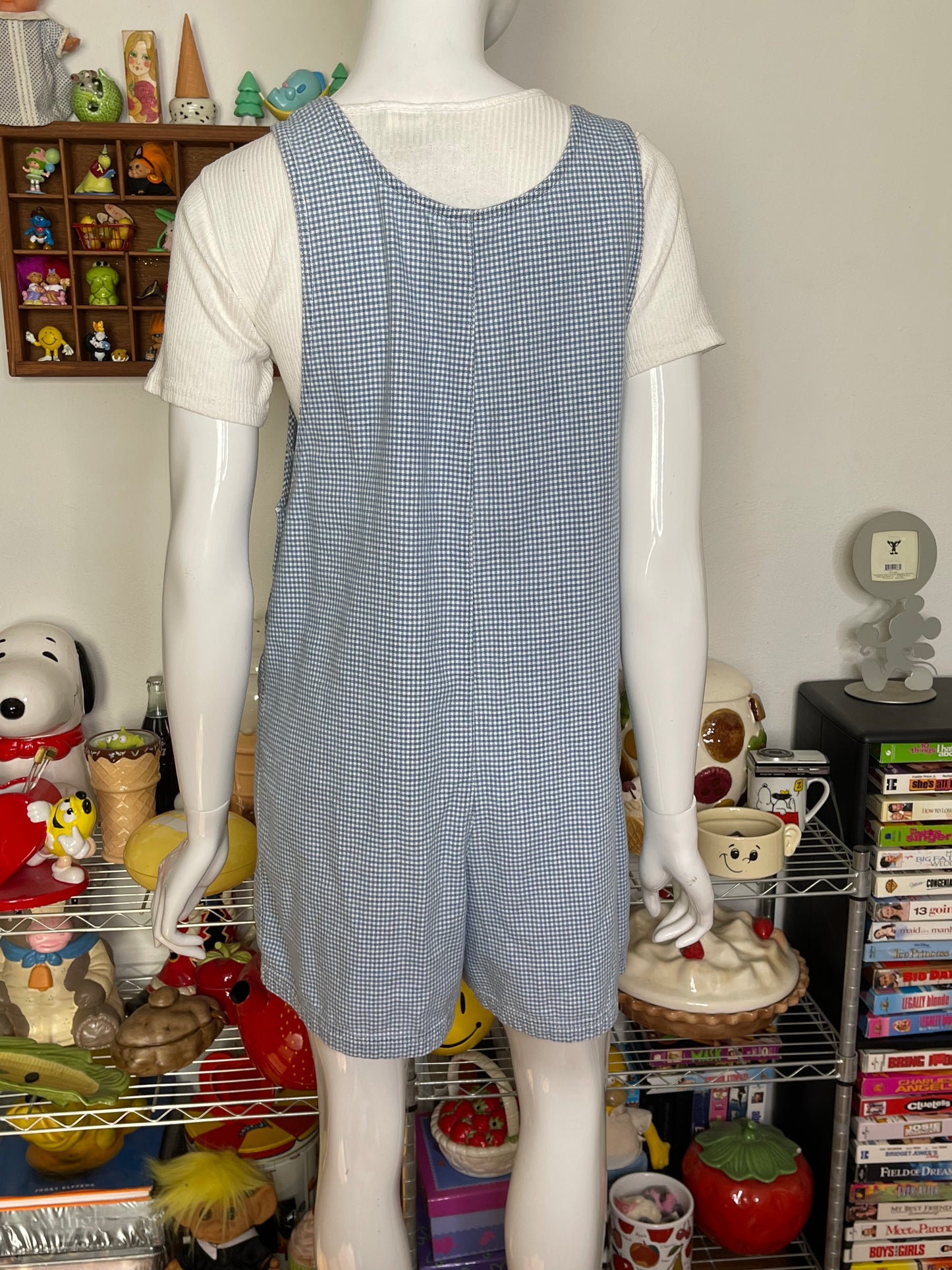Vintage Light Blue Gingham Oversized Romper Overalls Sz S/M