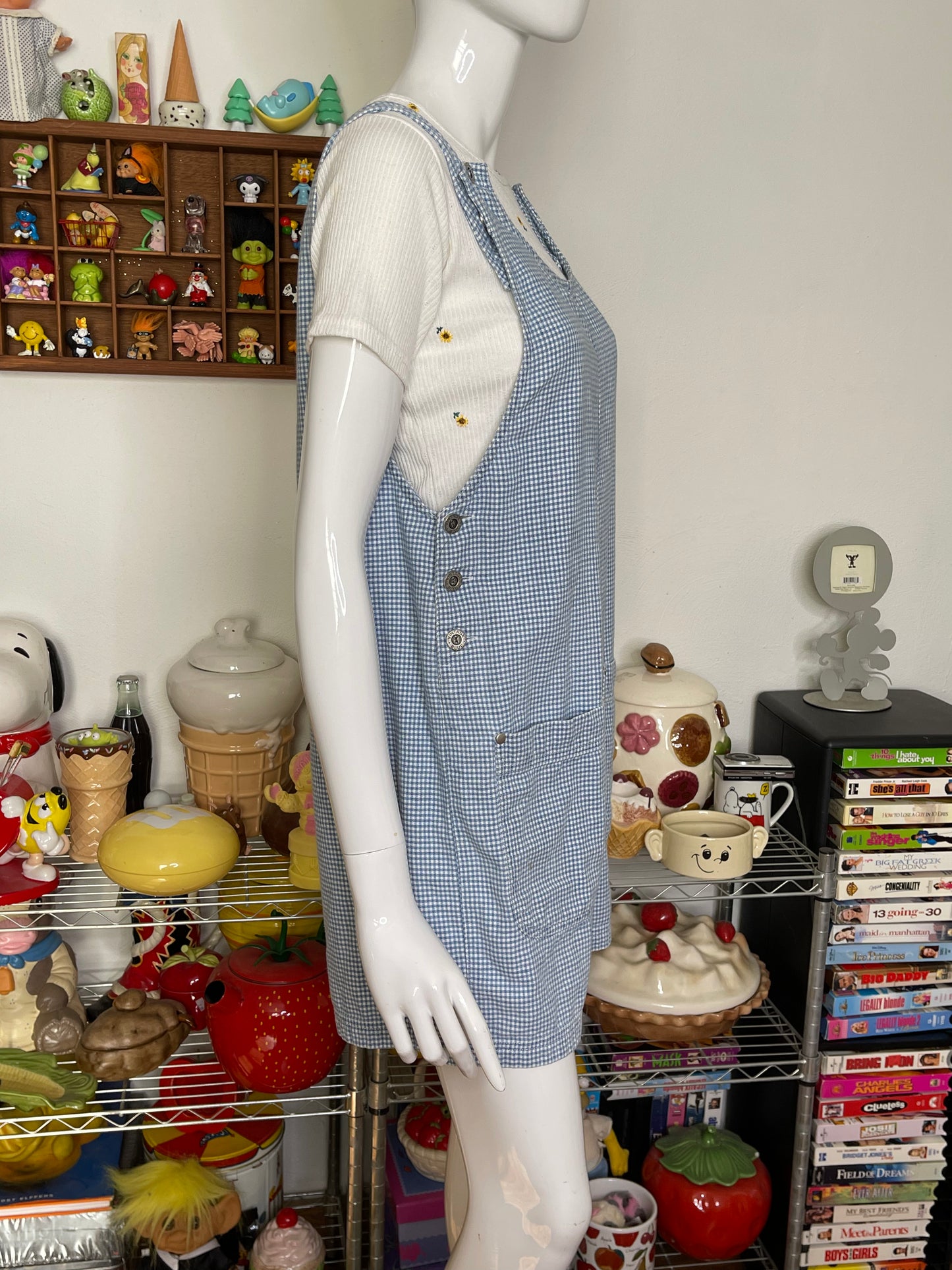 Vintage Light Blue Gingham Oversized Romper Overalls Sz S/M