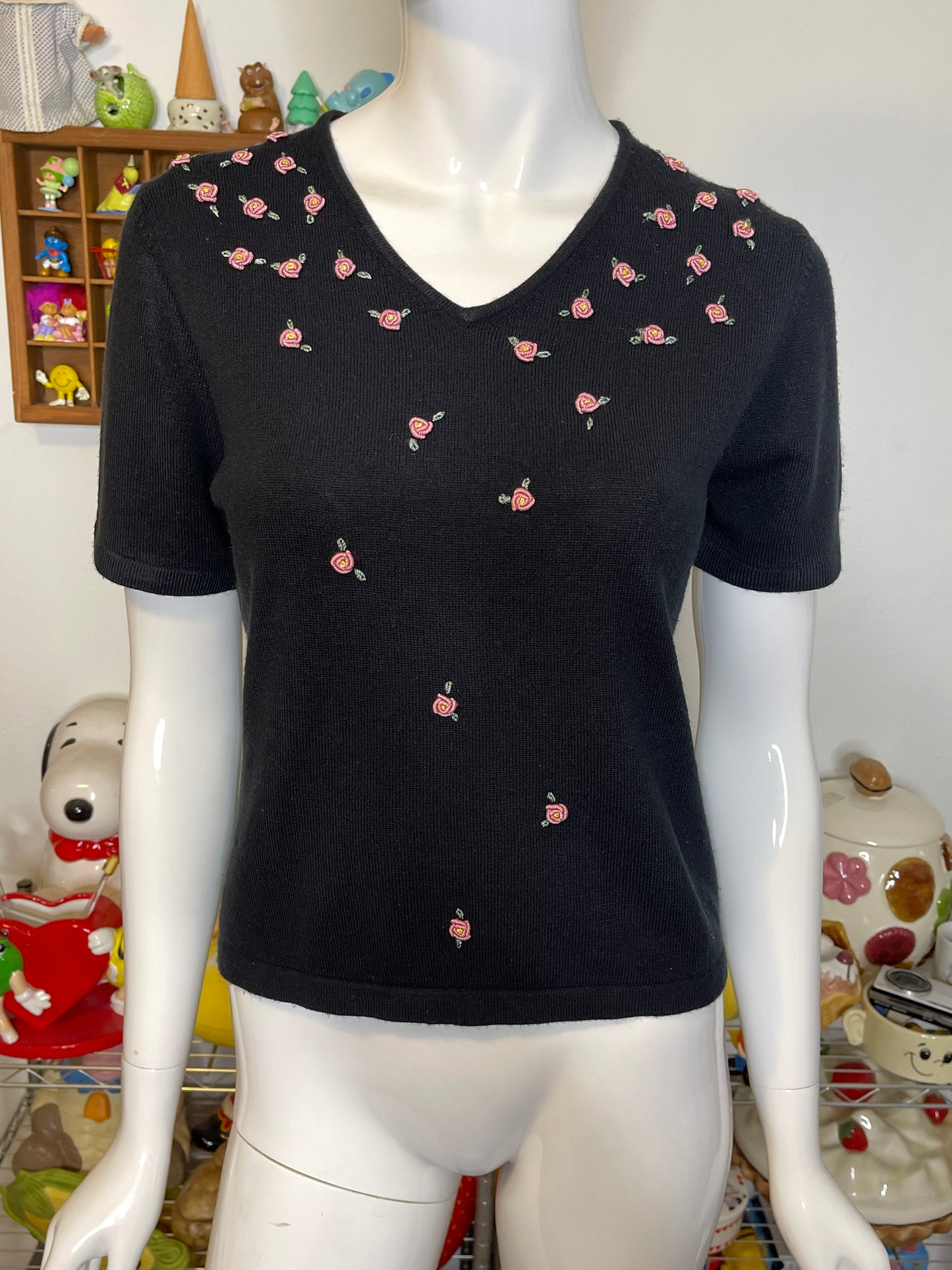 Vintage Pink Rose Bud Fine Knit Top Sz S