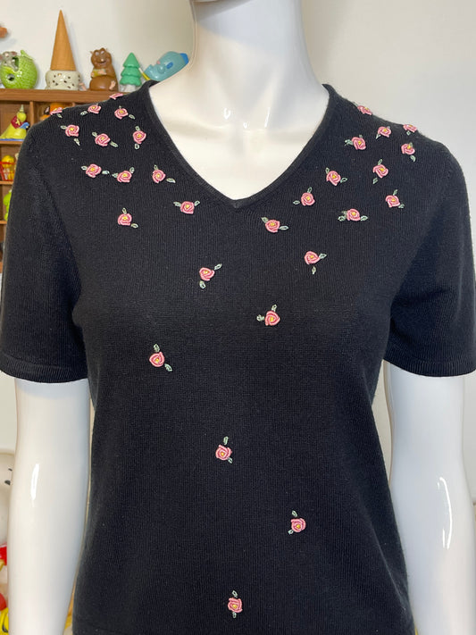 Vintage Pink Rose Bud Fine Knit Top Sz S