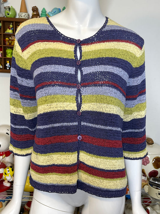 Vintage Colorful Striped Short Sleeve Knit Cardigan Sz M/L