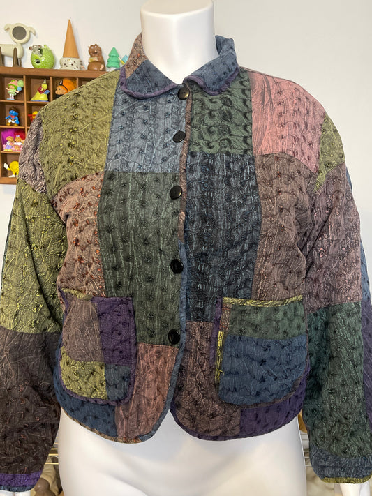 Colorful Eyelet Patchwork Collared Jacket Sz XL