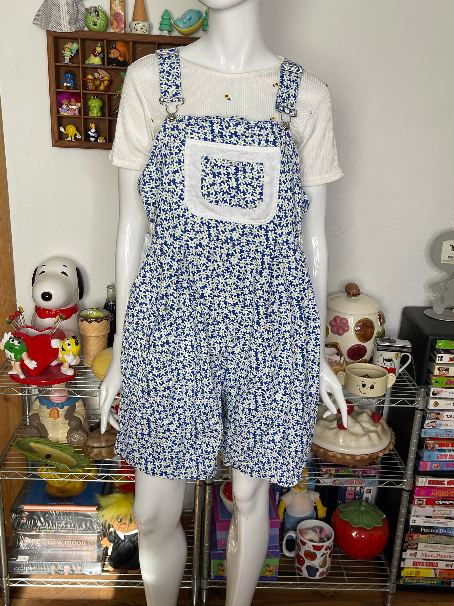 Vintage Blue Flower Print Baggy Style Overalls Sz M/L