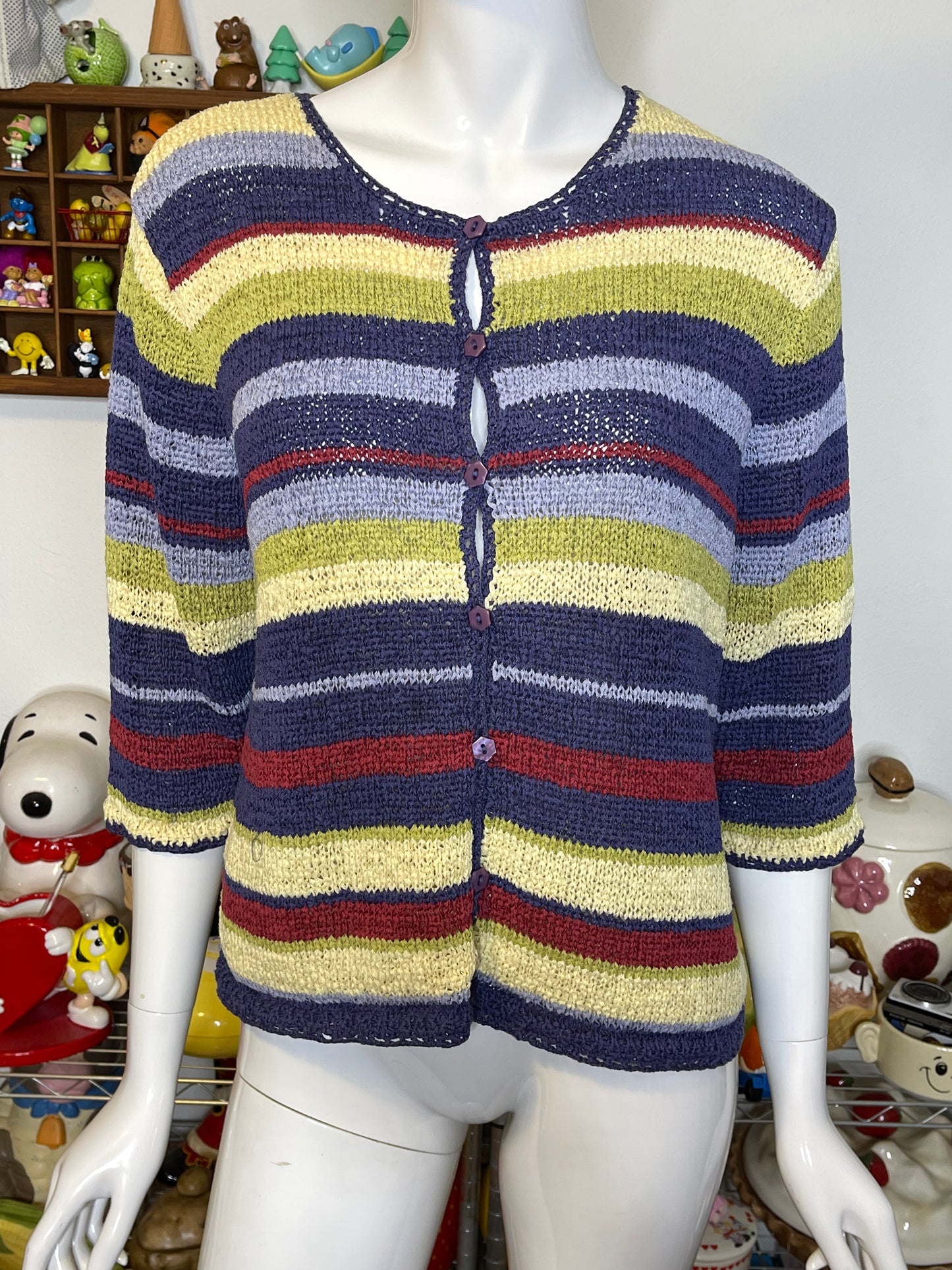 Vintage Colorful Striped Short Sleeve Knit Cardigan Sz M/L