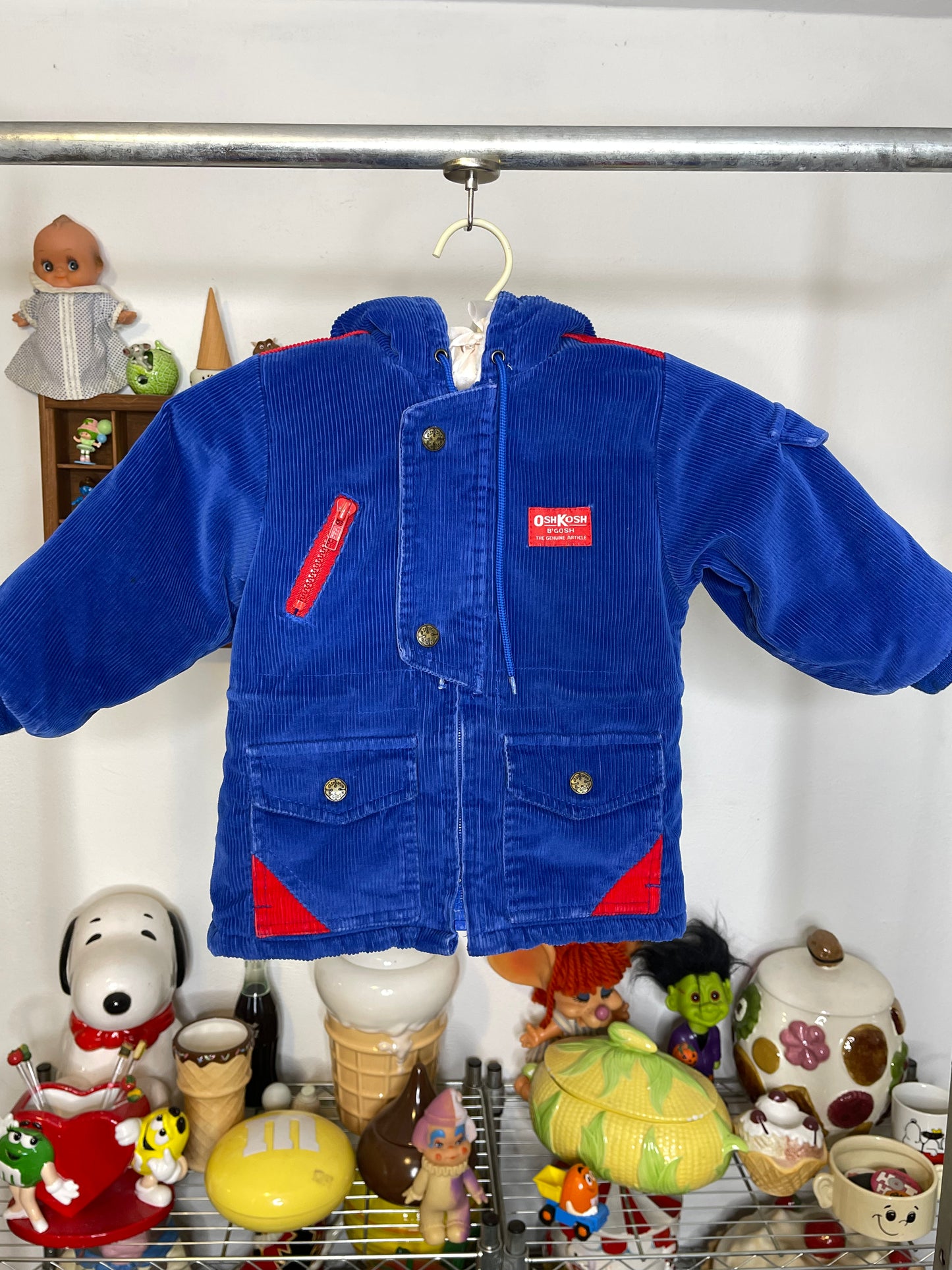 Vintage Oshkosh B'Gosh Blue Red Corduroy Sherpa Lined Hooded Kids Jacket Size 2T