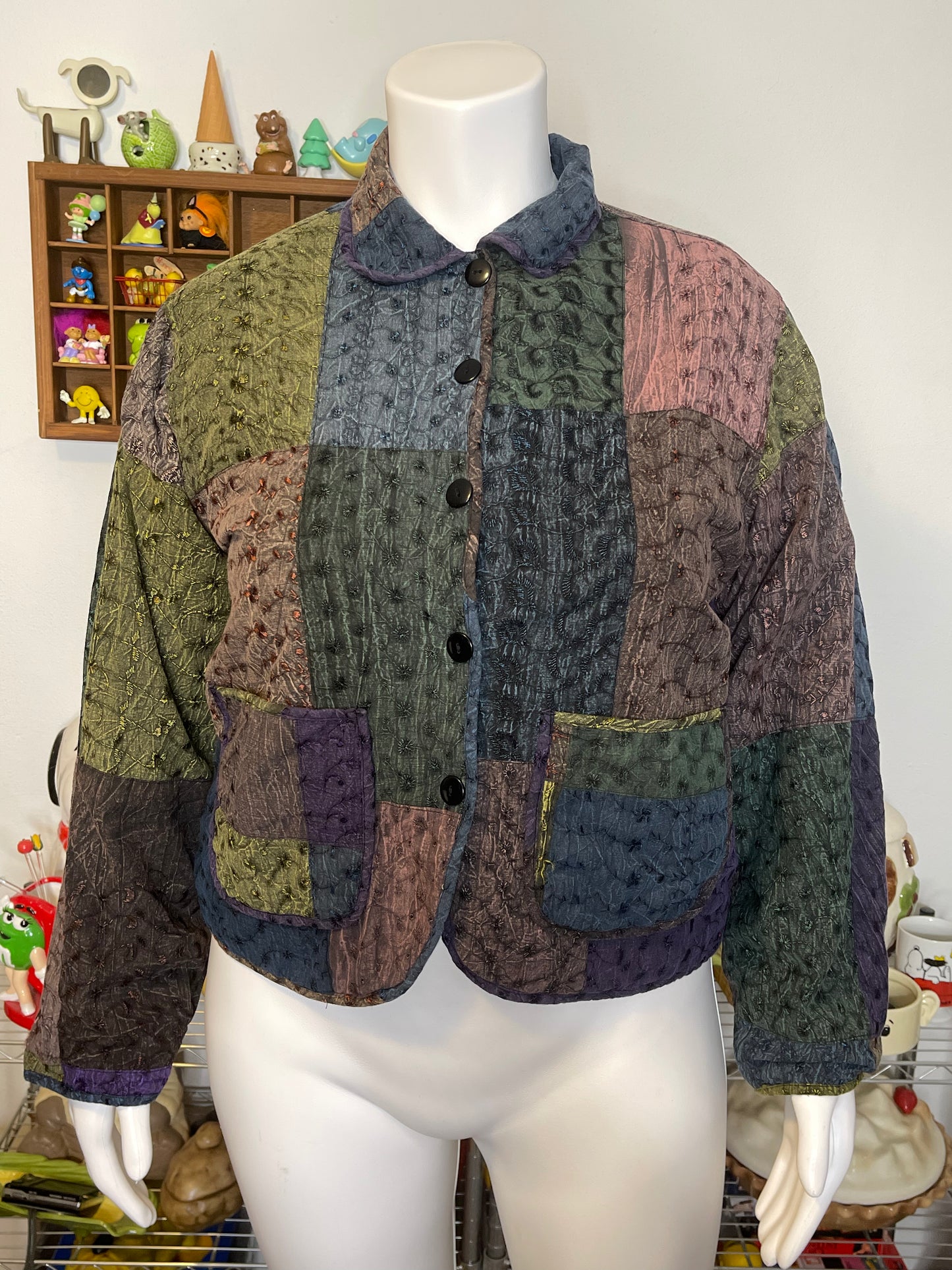 Colorful Eyelet Patchwork Collared Jacket Sz XL