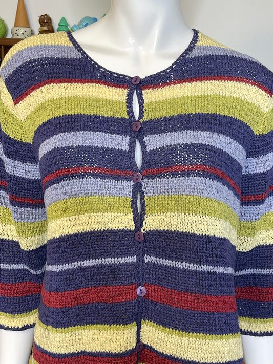 Vintage Colorful Striped Short Sleeve Knit Cardigan Sz M/L
