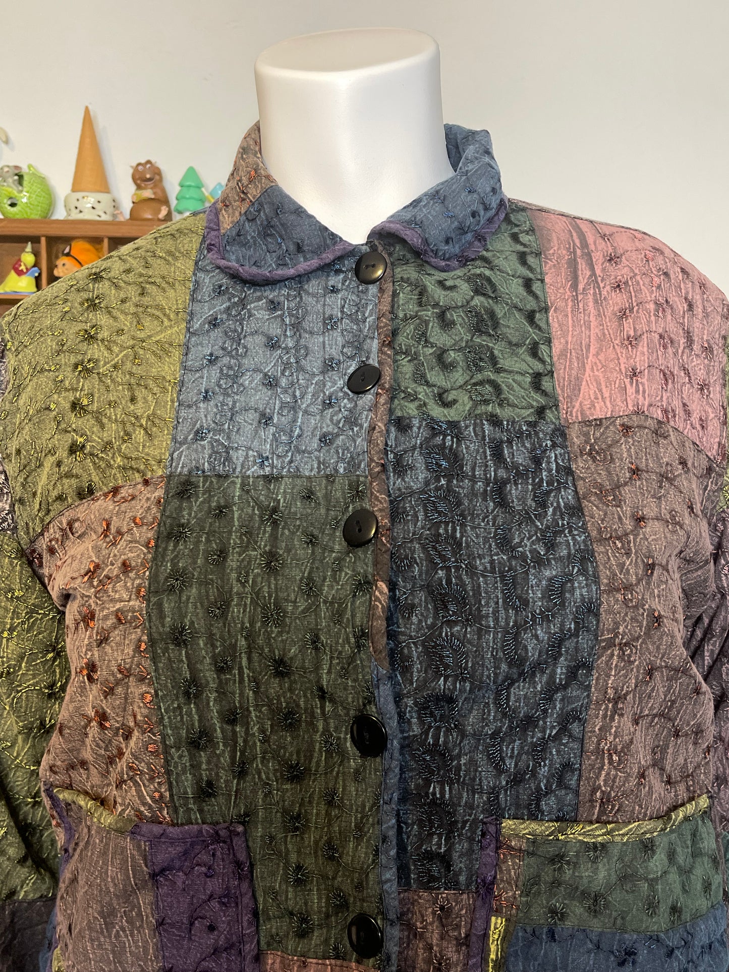 Colorful Eyelet Patchwork Collared Jacket Sz XL