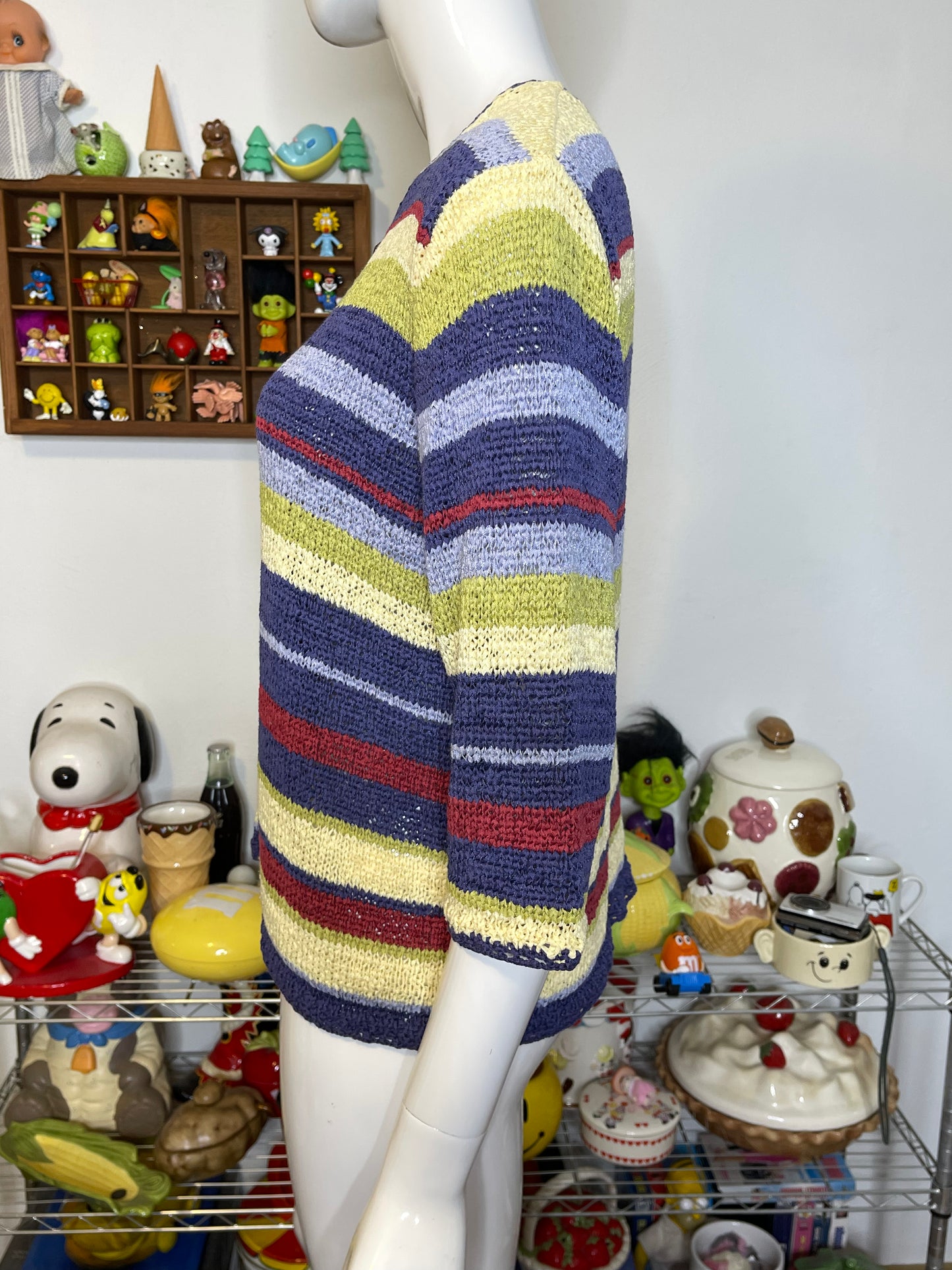 Vintage Colorful Striped Short Sleeve Knit Cardigan Sz M/L