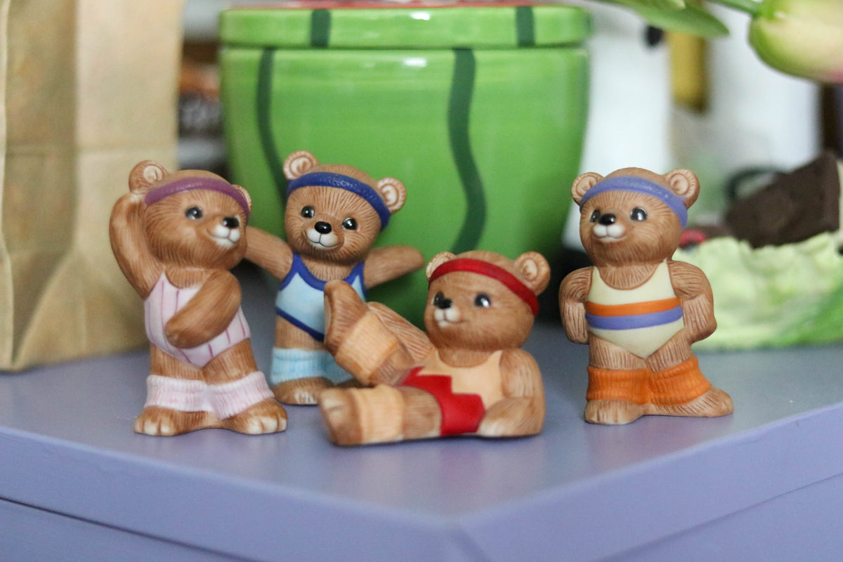 Vintage Aerobic Exercise Teddy Bear Figurine Trinkets 4pc Set