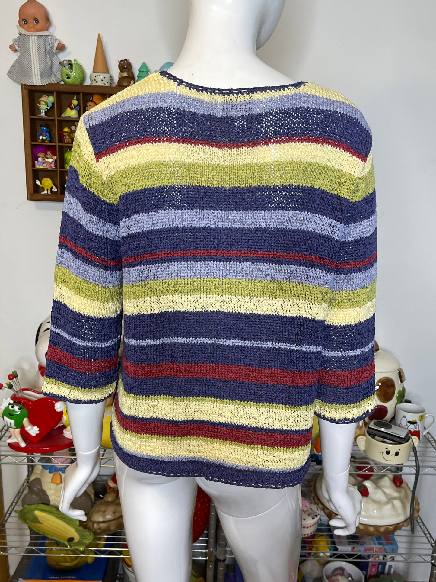 Vintage Colorful Striped Short Sleeve Knit Cardigan Sz M/L