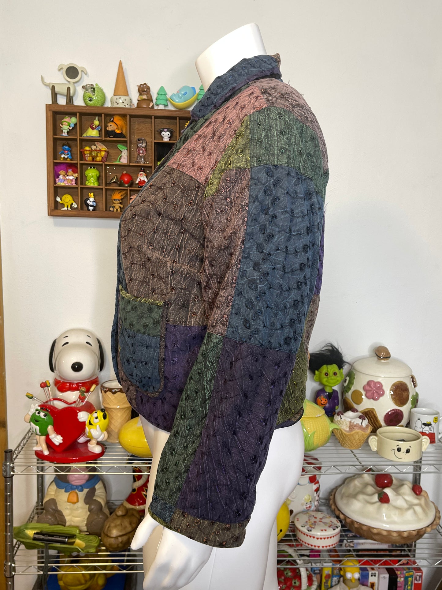 Colorful Eyelet Patchwork Collared Jacket Sz XL